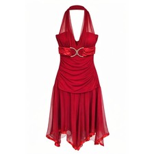 Taboo Halter Dress Large Red Handkerchief Hem Rhinestone Y2K Party Dance Dress
