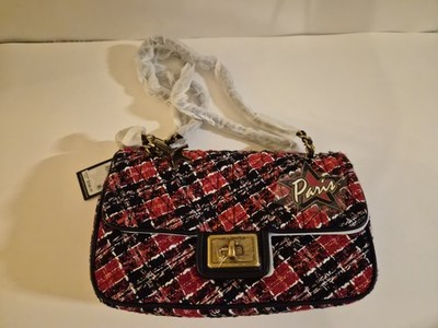 KARL LAGERFELD PARIS Agyness Tweed Turnlock Flap Shoulder Bag Red Navy BRAND NEW