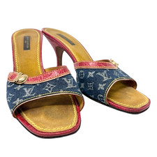 LOUIS VUITTON Vintage Monogram Denim Mule Sandals Heels 39 Blue Red Leather