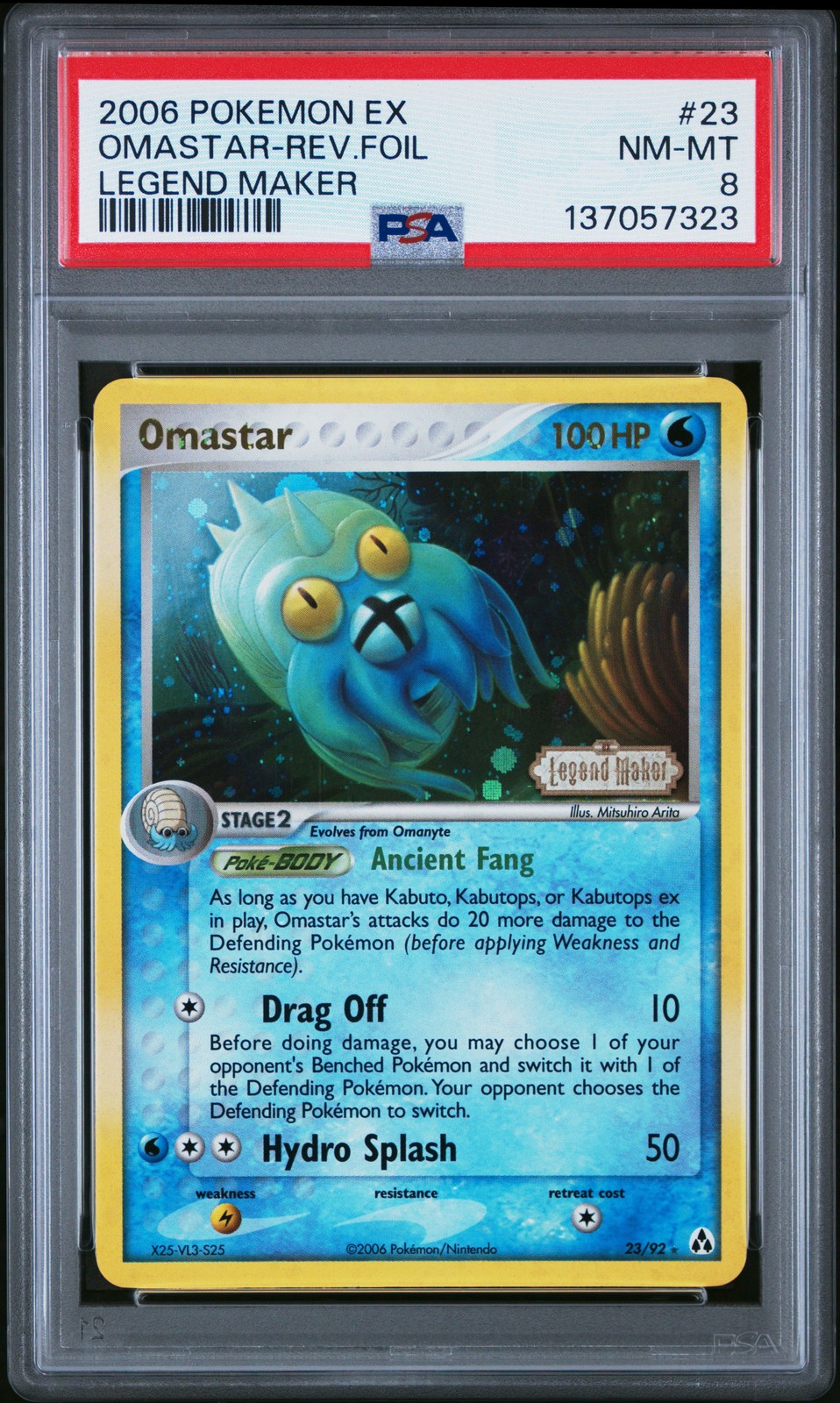 2006 POKEMON EX LEGEND MAKER #23 OMASTAR-REVERSE FOIL PSA 8