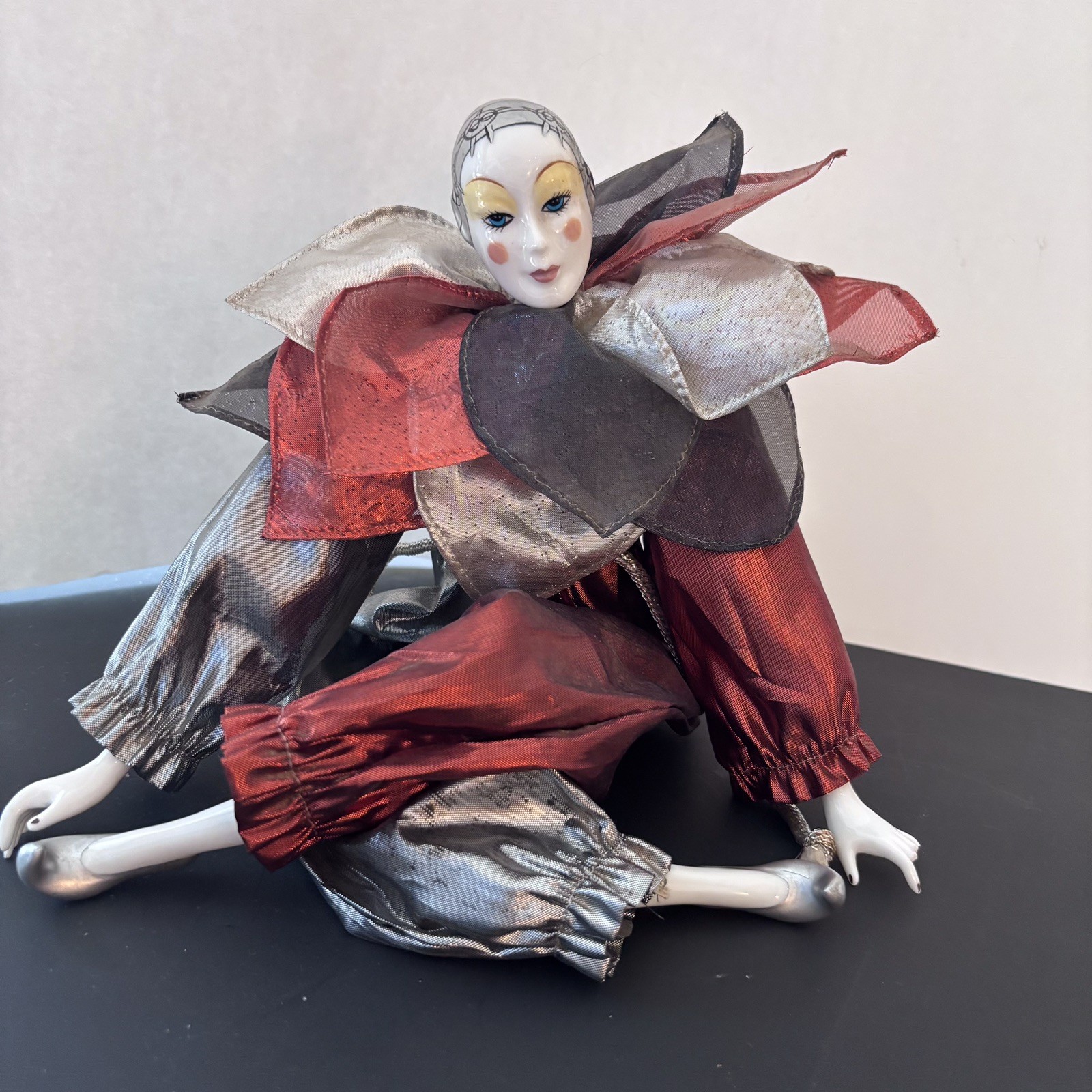 Vintage 1980 Pierrot;Maris Gras Harlequin;Jester Clown Porcelain Doll 19”