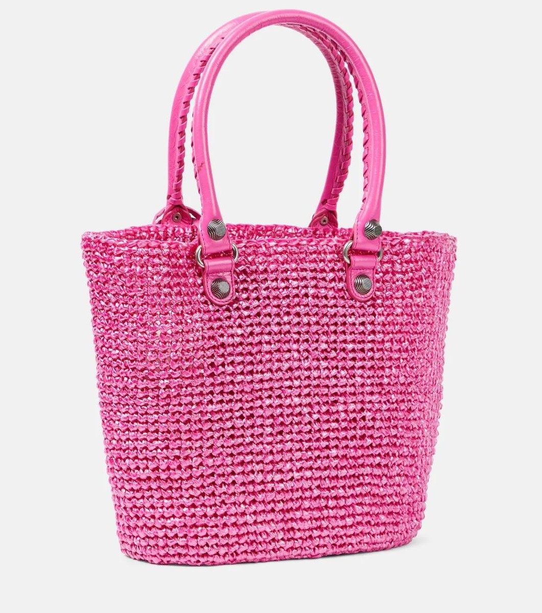 BALENCIAGA Pigalle スーベニア　エコバッグ Balenciaga LE CAGOLE Medium Raffia Woven Leather Trim Tote Basket