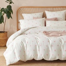 Floral Duvet Cover Twin Size White Pink Tulip Bedding Set Flower Aesthetic So...