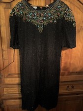 Denise Elle SILK Dress Black Beaded Sequined Shoulder Pads Party Size 1X EUC 