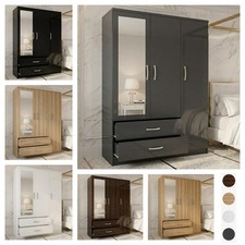 Pre Assembled High Gloss Wardrobe 3 Door with Drawers and Mirror Bedroom Storage