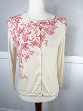 Garnet Hill Cardigan Sweater Sz M Cream Pink 100 Merino Wool Floral Spring