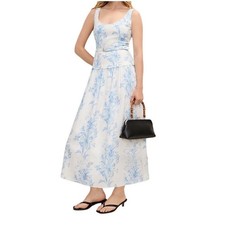 NWT Ann Taylor Blue White Floral Linen Blend Belted Midi Dress 16 Preppy Event