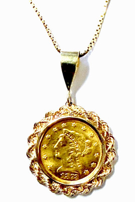1873 1/20 oz American 2,5 Dollar Gold Eagle Münze Anhänger mit 14k Gold 18'' Kette 