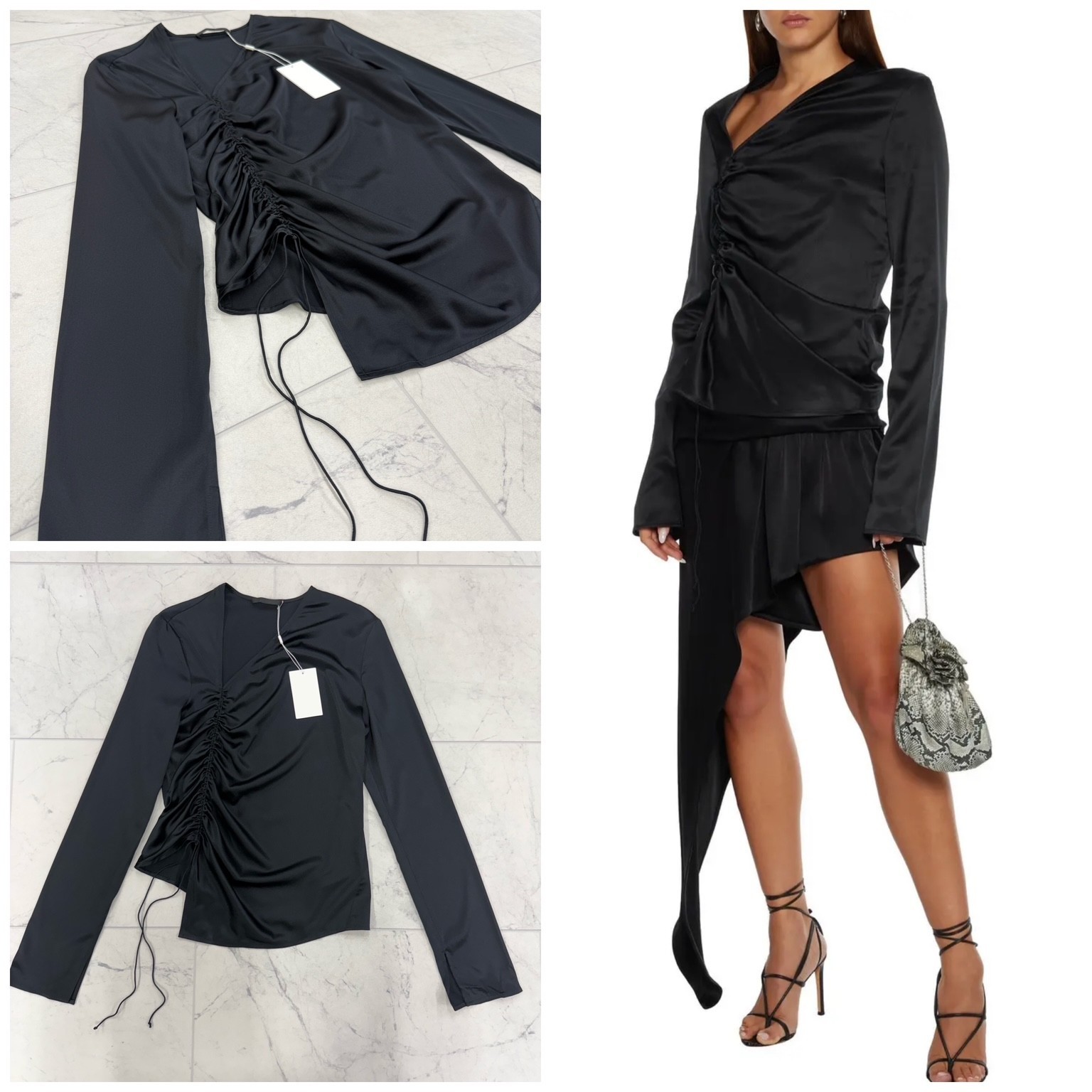 NWT $338 Women's Helmut Lang Black Ruched Stretch-Silk Satin Top Size: 4