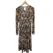 Wild Fable Women Black Floral Mesh Long Sleeve Tiered Midi Dress Size M