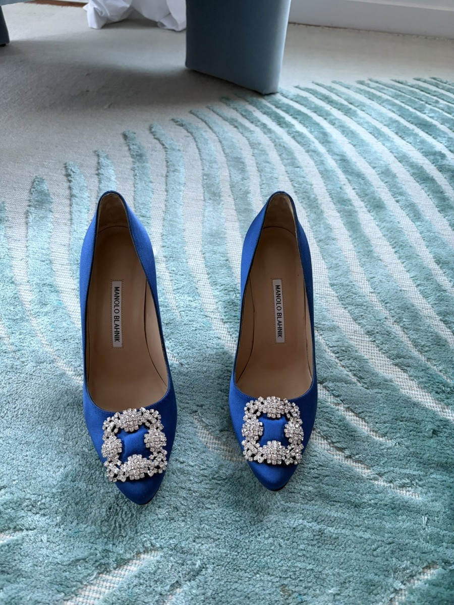 Manolo Blahnik HANGISI Blue Satin Jewel Buckle Pumps 105 size EU