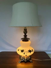 Vintage Accurate Casting milk glass lamp with antique gold accents 3 way switch