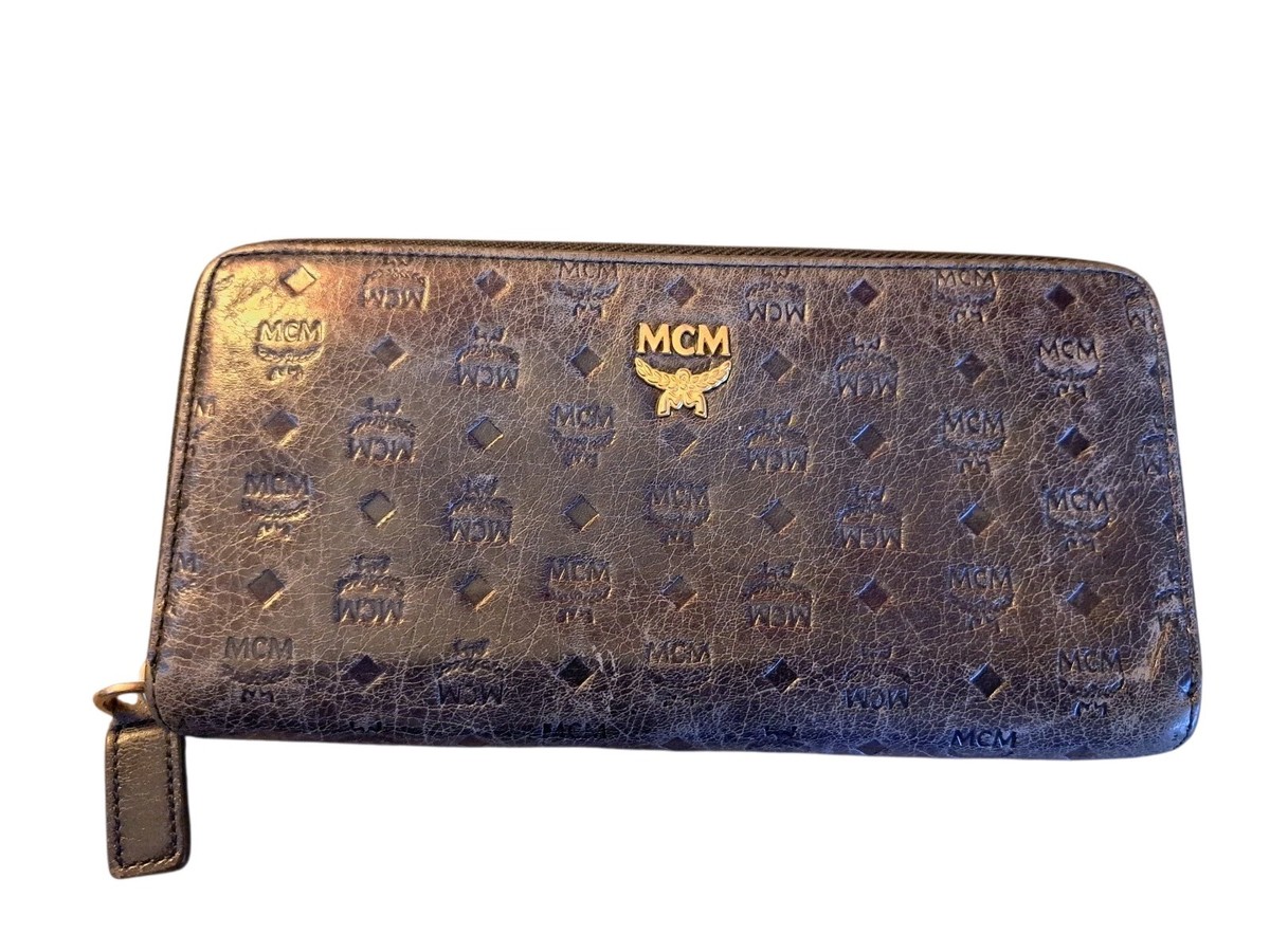 MCM Blue Leather Embossed Zip Around Wallet | eBay