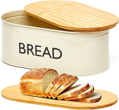 Premium Metal Bread Box with Bamboo Lid, Stainless Steel Large Bread Bin Storage