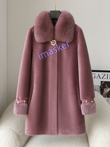 Manteau mi-long femme col fourrure renard véritable peau de mouton 100% laine chaud hiver - Photo 4/27