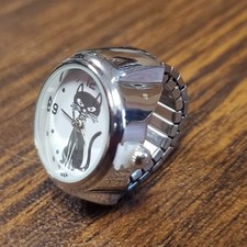 Reloj Anillo Dedo Gato Gatito Plata Redondo Cuarzo Elástico EE. UU.
