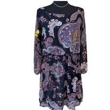 EXPRESS Size Medium Paisley Dress 3/4 Sleeves Purple Gold Black Keyhole Back