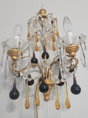 ANTIQUE FRENCH CRYSTAL BEADED PRISMS SCONCE/lamp AMBER &RARE Amethyst RAINDROPS - Picture 8 of 17