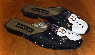 NEW COLDWATER CREEK - BLACK VELVET *SNOWMAN* SLIDES/FLATS  - LADIES 6M
