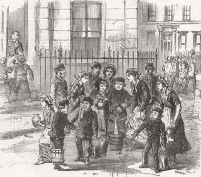 KINDER. Wasser holen. während frost 1861 altes antikes vintage Druckbild
