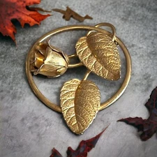 Vintage Forstner Sterling Gold Tone Brooch Rose Flower Circle Setting MCM