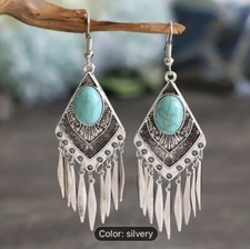 Silver Plated Synthetic Turquoise Inlaid Rhombus Design Dangle/Drop Earrings
