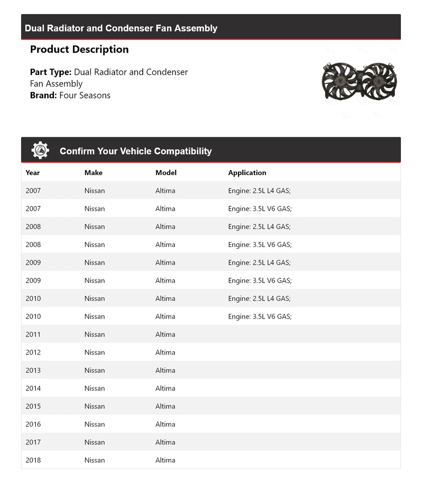 Conjunto de ventilador condensador y radiador doble para Nissan Altima 2007-2018 4 estaciones Foto 2 de 4