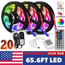 66FT Flexible 3528 RGB LED Strip Light Remote Fairy Light Room Party Waterproof