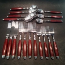 Lot of 18 Pieces Hampton Silversmiths Stainless Flatware Red Brown Handles