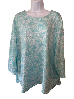 Alfred Dunner CUTE light blue & white textured STRETCHY SPRING blouse SZ 3X EUC