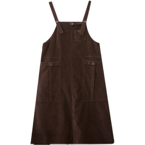 Women Midi Suspender Braces Overall Dress Loose Corduroy Casual Pockets Dress - Picture 3 of 15