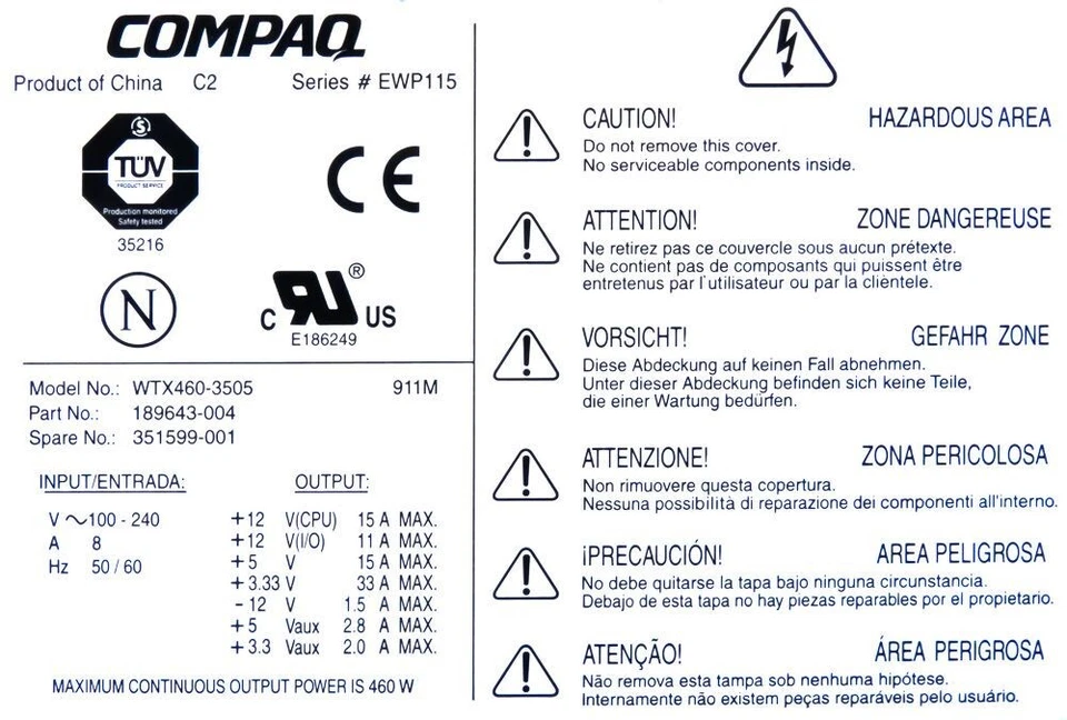 Power Supplies Compaq 189643-004 351599-001 WTX460-3505 460W EVO W6000/8000 - Image 3 of 3