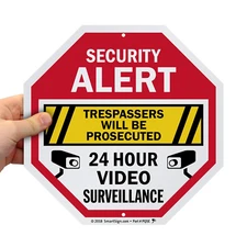 Security Alert Sign - Trespassers Prosecuted, 24Hr Video Surveillance - 10X10" 