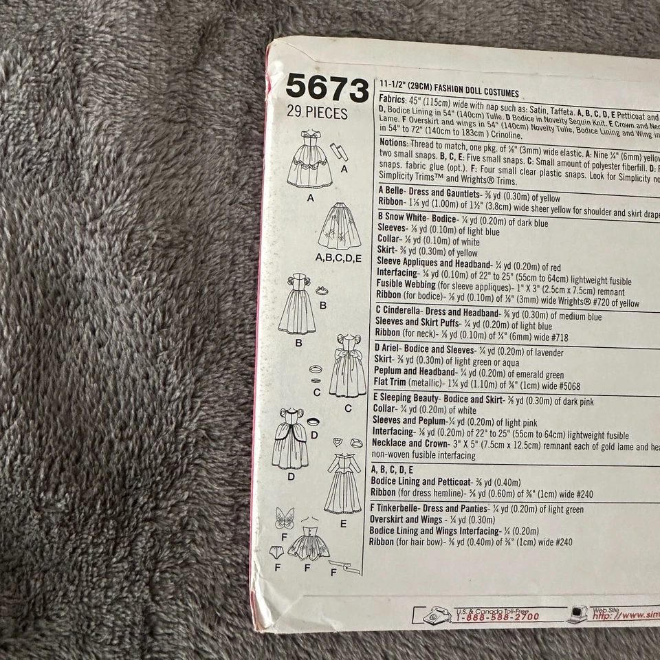 Simplicity Pattern 5673 11.5" Doll Clothes Disney Princess Dress 6 Styles - Image 4 of 4