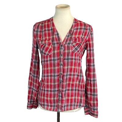 Maurices Woman s Button Down Top Size M Plaid V Neck Chest Pockets Red Cotton