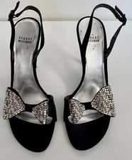 Black Satin STUART WEITZMAN  Pump With Swarovski Crystal Bow size 9 US