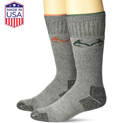 2 Pairs Realtree Men's Over-the-Calf Boot Socks - Olive & Black - Wool Blend, Warm, Made In USA