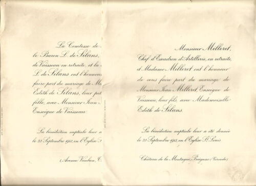 Preignac (33) et Toulon 1913.Faire-part Mariage Familles De Silans-Milleret. - Picture 1 of 1