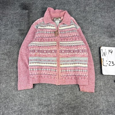 Tiara International Fair Isle Zip Cardigan Sweater Large Pink Pink, Gray,