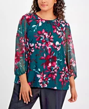 Kasper Women's Plus Size Floral Print Mixed-Media Top Blouse Green Plum Multi 1X