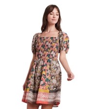 Velvet by Graham & Spencer Taria Smocked Mini Dress XS Square Neck Puff Sleeve