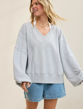 Aerie Go-To V Neck Sweatshirt, Medium Heather Gray - New