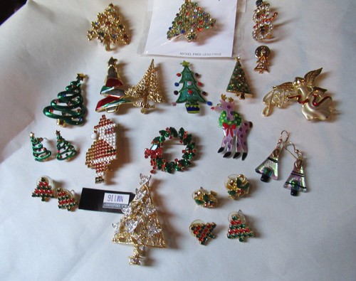 Christmas Pins Lot Brooches Earrings Tree Santa Snowman Reindeer Graziano Tosca - Picture 3 of 7