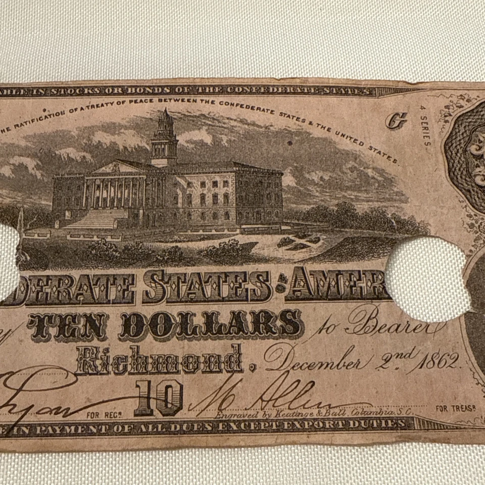 1862 $10 Confederate States Of America Richmond CSA Note Circulated - Image 3 of 4