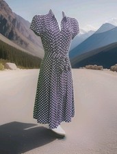 Vintage 1940s 1950s Style brown polka dot party shirt tea dress Size 12 to 14
