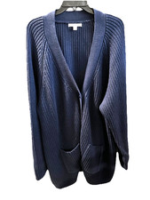 Woman Within LS pockets Shaker Knit long navy Cardigan 2X 3X 50 - 54x35 v-neck