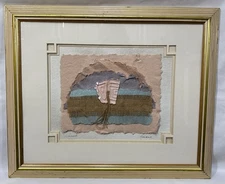 Vintage Sunset Mixed Media Burlap Papyrus Collage Framed Art Signed Amano