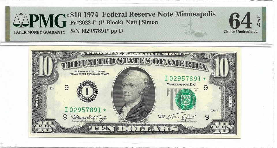 Minneapolis 1974 $10 * estrella * ⭐️ franco Billete PMG Choice 64 EPQ sin circular. Foto 2 de 3