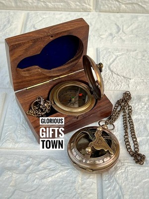 Gravierter Messing Sonnenuhr Kompass, personalisiertes Geschenk mit Holzbox