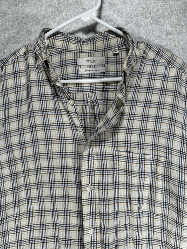 Turnbury European Fabric 男式 100% 亚麻纽扣衬衫 L 码短袖 — 第 3/4 张图片